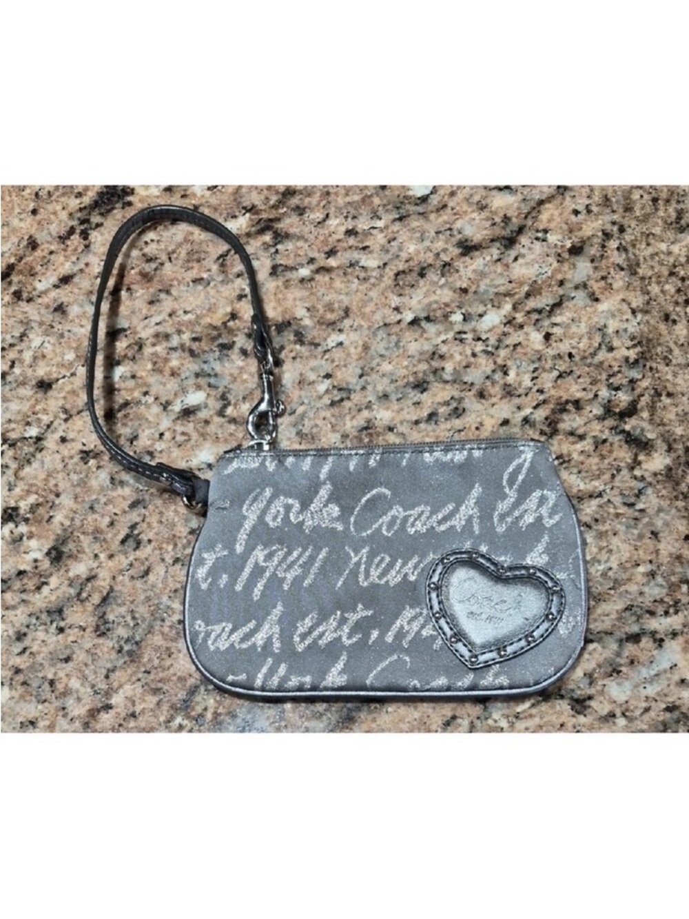 Coach Poppy Silver Script Heart Wristlet with Detachable Strap - Picture 12 of 15